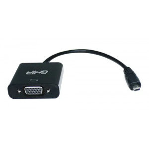 Adaptador GHIA micro HDMI hembra a VGA macho color negro.