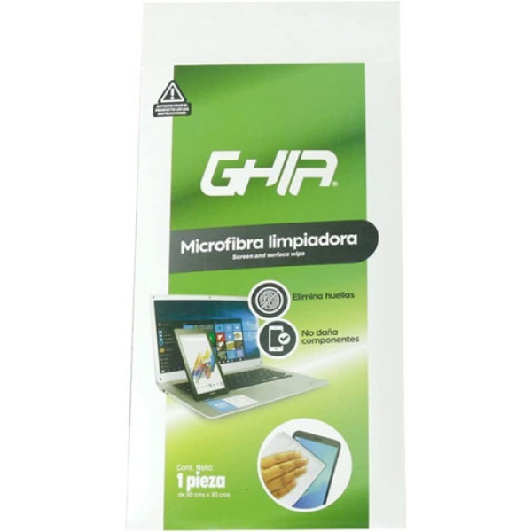 Toalla microfibra GHIA 30x30 cm reutilizable, ideal para pantallas y equipos.